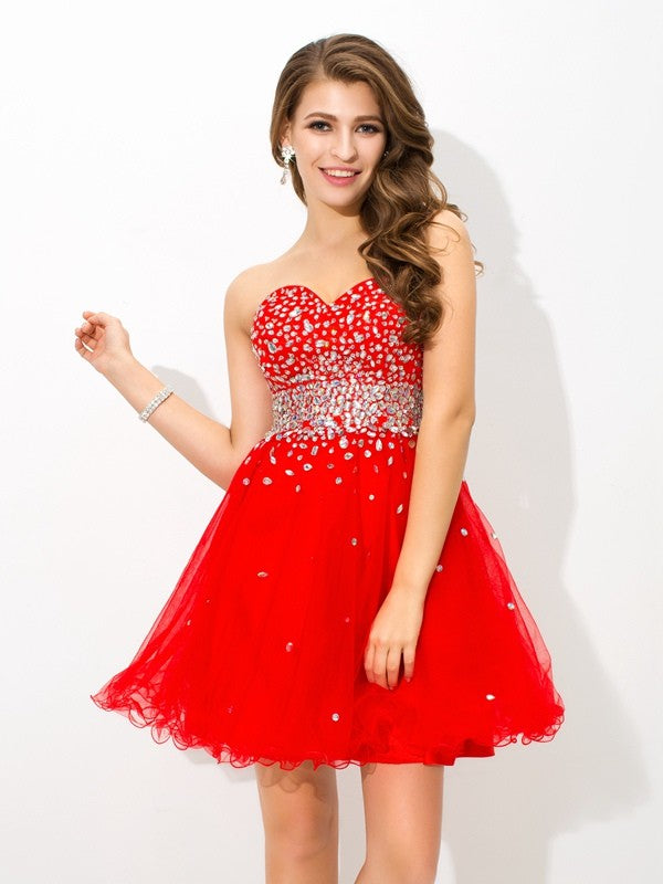 A-Line/Princess Sweetheart Beading Sleeveless Homecoming Dresses Cocktail Campbell Short Organza Dresses