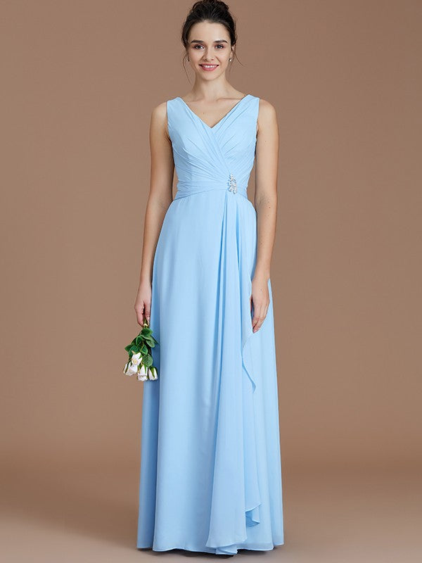 A-Line/Princess V-neck Sleeveless Ruched Floor-Length Chiffon Bridesmaid Dresses HEP0005631