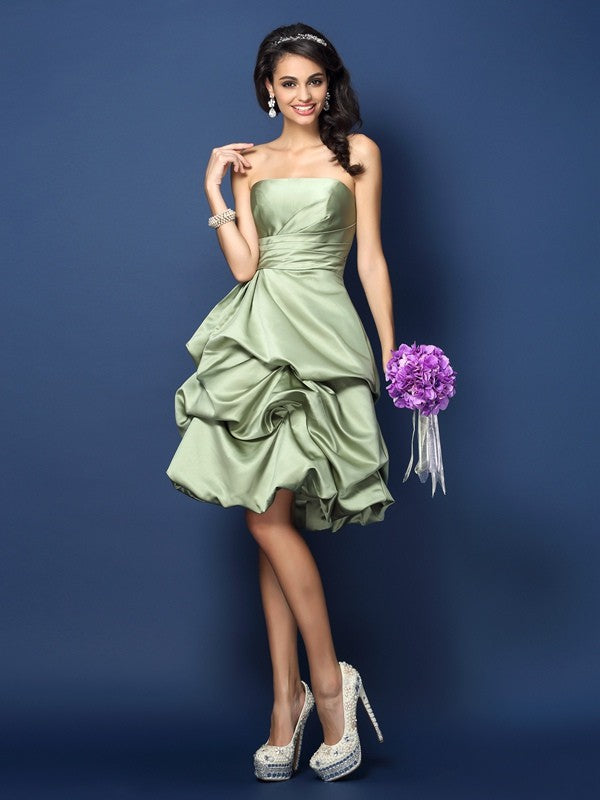 A-Line/Princess Strapless Ruched Sleeveless Short Satin Bridesmaid Dresses HEP0005671