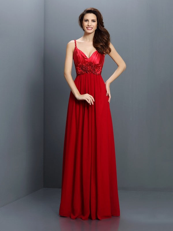 A-Line/Princess V-neck Hand-Made Flower Sleeveless Long Chiffon Bridesmaid Dresses HEP0005634