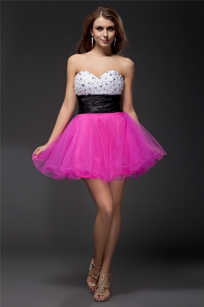 A-Line/Princess Sweetheart Jayden Satin Homecoming Dresses Cocktail Beading Sash Sleeveless Short Organza Elastic Woven Dresses