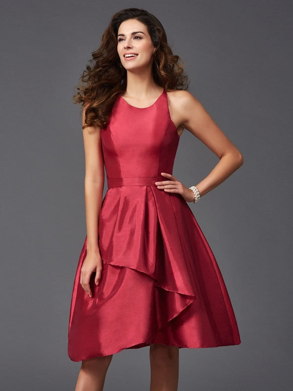 A-Line/Princess Scoop Ruffles Sleeveless Short Taffeta Bridesmaid Dresses HEP0005721