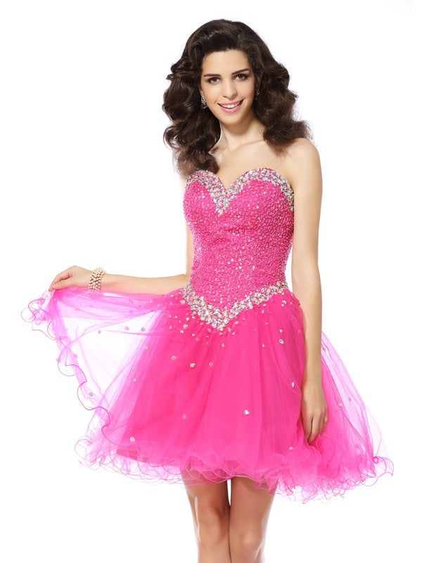 A-Line/Princess Sweetheart Beading Sleeveless Cocktail Sally Homecoming Dresses Satin Short Dresses