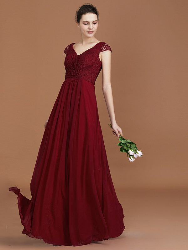 A-Line/Princess Lace Short Sleeves Chiffon Ruched V-neck Floor-Length Bridesmaid Dresses HEP0005649