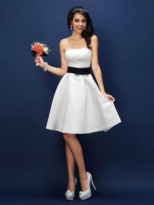 A-Line/Princess Strapless Sash/Ribbon/Belt Sleeveless Short Satin Bridesmaid Dresses HEP0005705