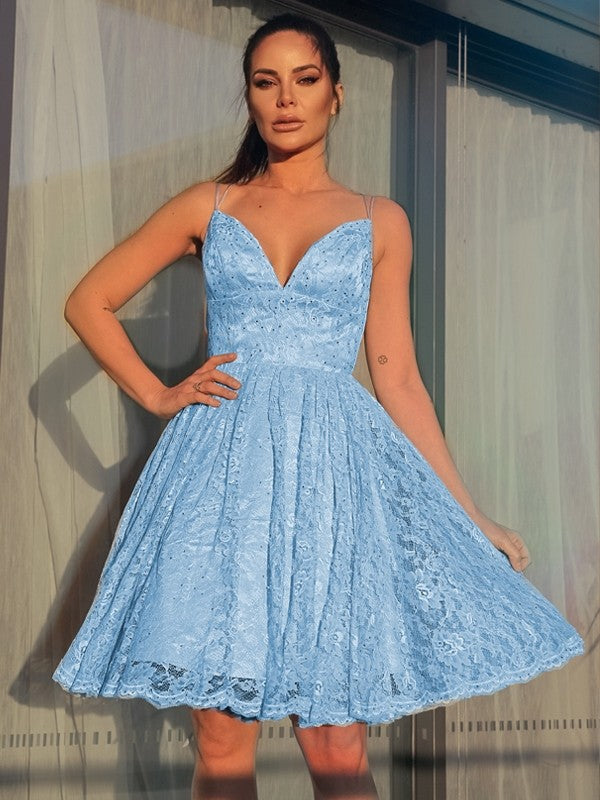 A-Line/Princess Satin Lace V-neck Sleeveless Short/Mini Homecoming Dresses HEP0004770