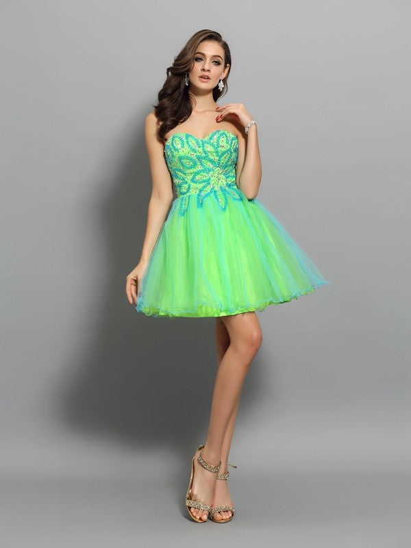 A-Line/Princess Sweetheart Beading Cocktail Margery Homecoming Dresses Sleeveless Short Net Dresses