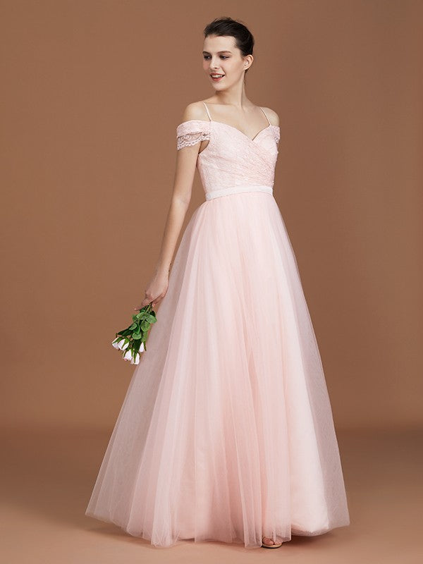 A-Line/Princess Short Sleeves Lace Spaghetti Straps Ruched Sweetheart Floor-Length Tulle Bridesmaid Dresses HEP0005826