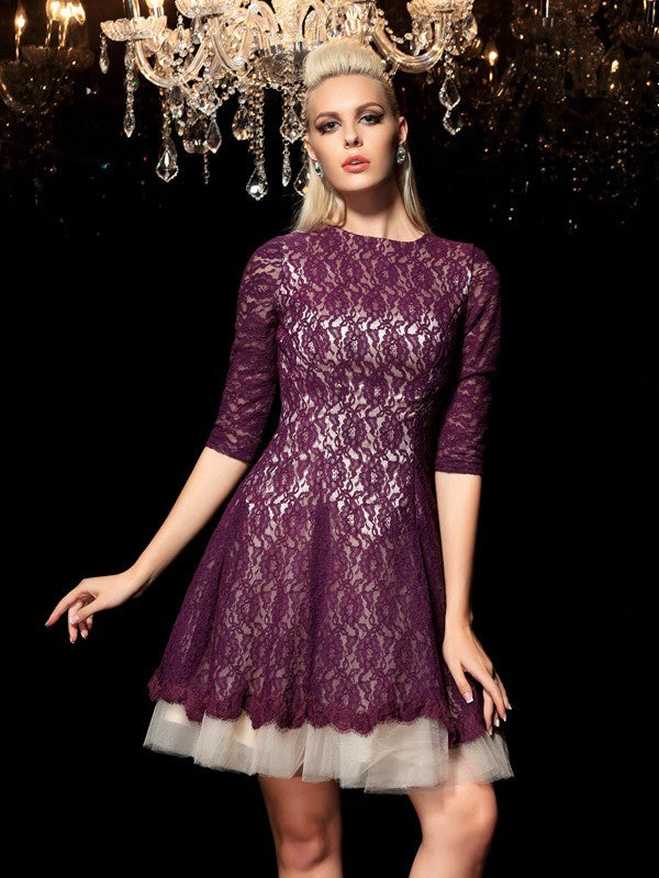 A-Line/Princess Sheer Lace Cocktail Homecoming Dresses Luciana Neck 1/2 Sleeves Short Dresses