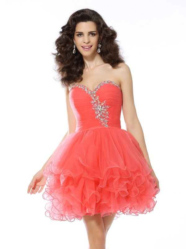 A-Line/Princess Sweetheart Madalyn Cocktail Homecoming Dresses Satin Ruffles Sleeveless Short Dresses