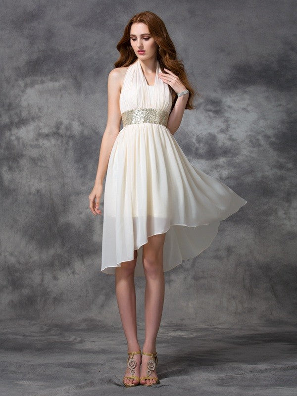 A-Line/Princess Homecoming Dresses Patti Chiffon Cocktail Halter Sequin Sleeveless High Low Dresses