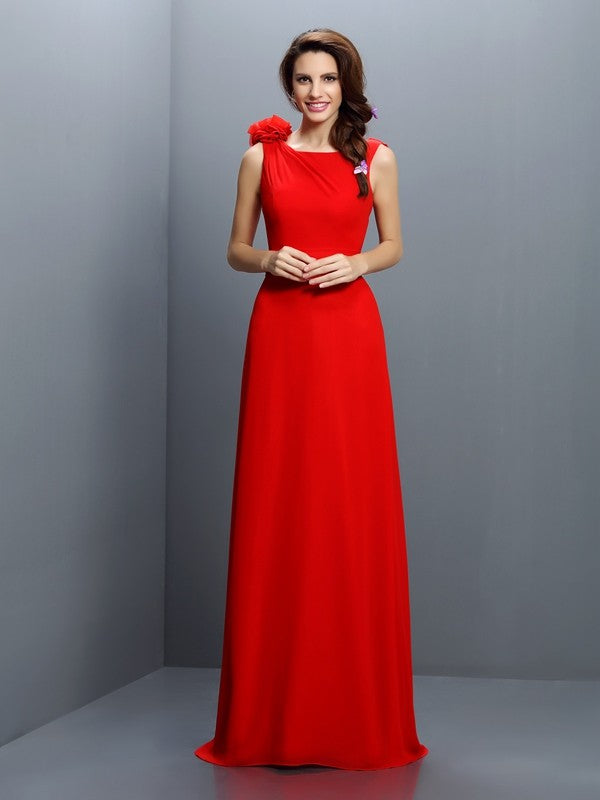 A-Line/Princess Bateau Hand-Made Flower Sleeveless Long Chiffon Bridesmaid Dresses HEP0005638