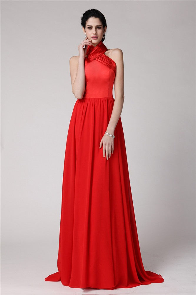 Sheath/Column Halter Sleeveless Pleats Long Elastic Woven Satin Chiffon Bridesmaid Dresses HEP0005653