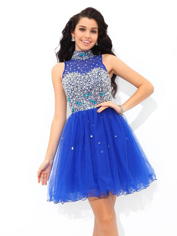 A-Line/Princess High Neck Karen Homecoming Dresses Cocktail Beading Sleeveless Short Net Dresses