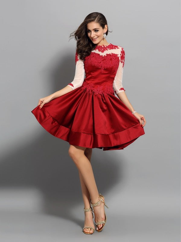 A-Line/Princess High Neck Homecoming Dresses Cocktail Satin Kiersten Applique 1/2 Sleeves Short Dresses