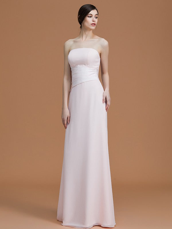 A-Line/Princess Strapless Sleeveless Floor-Length Ruched Chiffon Bridesmaid Dresses HEP0005696