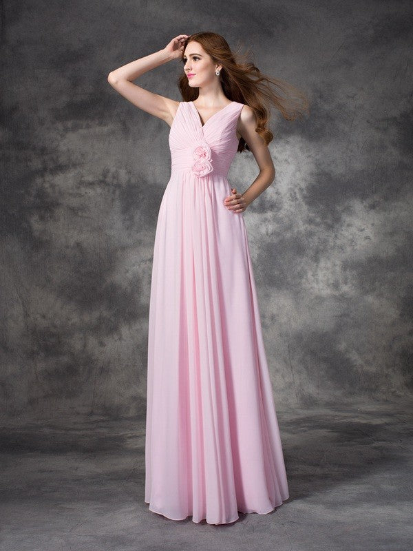 A-line/Princess V-neck Hand-Made Flower Sleeveless Long Chiffon Bridesmaid Dresses HEP0005784