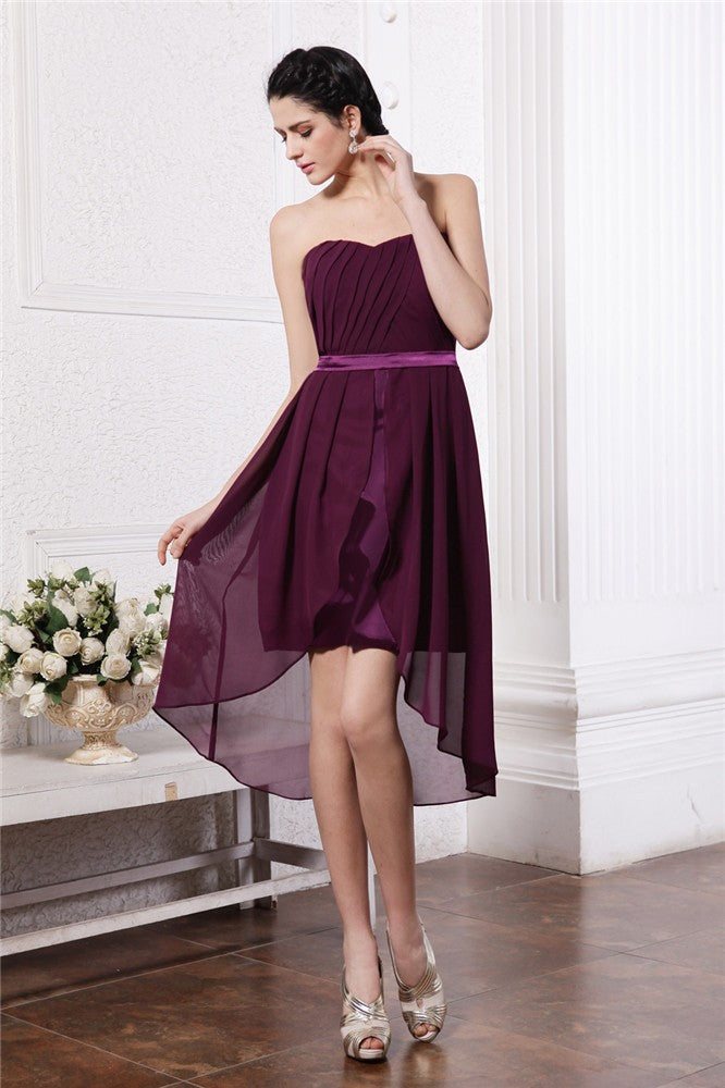 Sheath/Column Homecoming Dresses Cocktail Haylie Chiffon Strapless Sleeveless Sash Pleats High Low Dresses