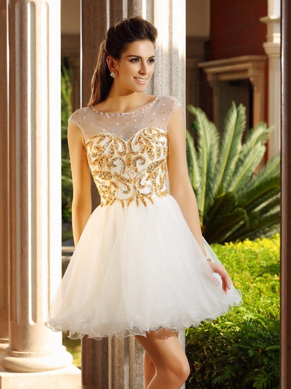 A-Line/Princess Cristal Homecoming Dresses Cocktail Scoop Ruffles Sleeveless Short Net Dresses