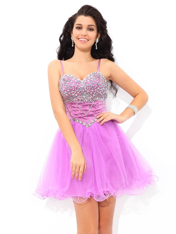 A-Line/Princess Spaghetti Straps Valerie Homecoming Dresses Cocktail Paillette Sleeveless Short Net Dresses