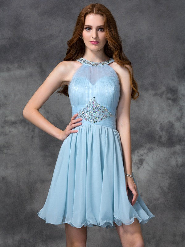 A-Line/Princess Scoop Beading Sleeveless Short Dresses Chiffon Homecoming Dresses Cocktail Laci