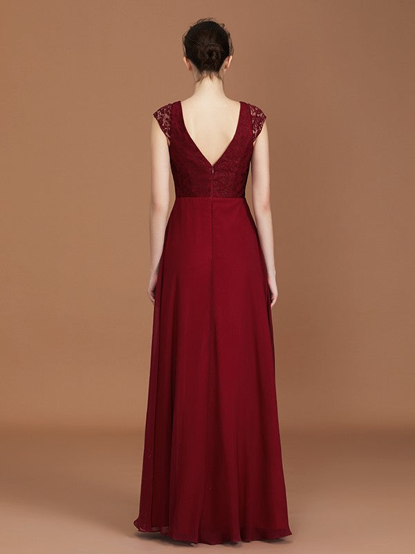 A-Line/Princess Lace Short Sleeves Chiffon Ruched V-neck Floor-Length Bridesmaid Dresses HEP0005649