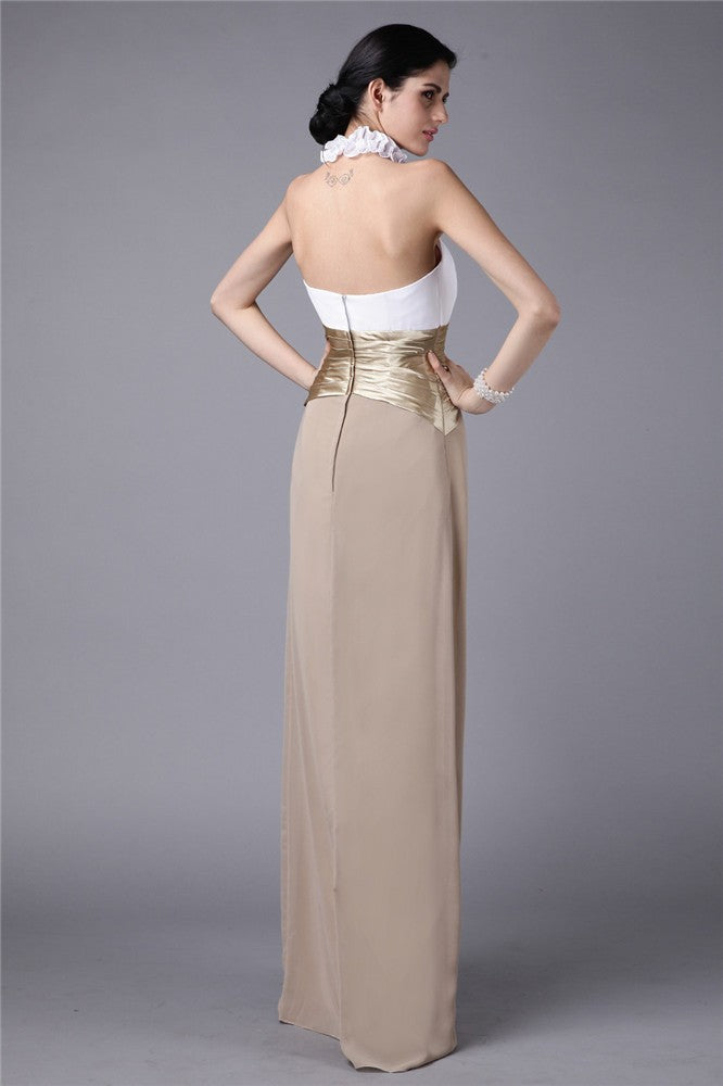 Sheath/Column High Neck Sleeveless Pleats Ruffles Long Elastic Woven Satin Chiffon Bridesmaid Dresses HEP0005665