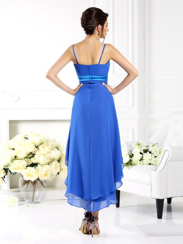 A-Line/Princess Spaghetti Straps Ruffles Sleeveless High Low Chiffon Bridesmaid Dresses HEP0005619