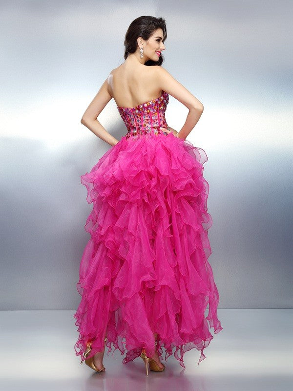 A-Line/Princess Sweetheart Rhinestone Sleeveless High Homecoming Dresses Alexis Cocktail Low Organza Dresses