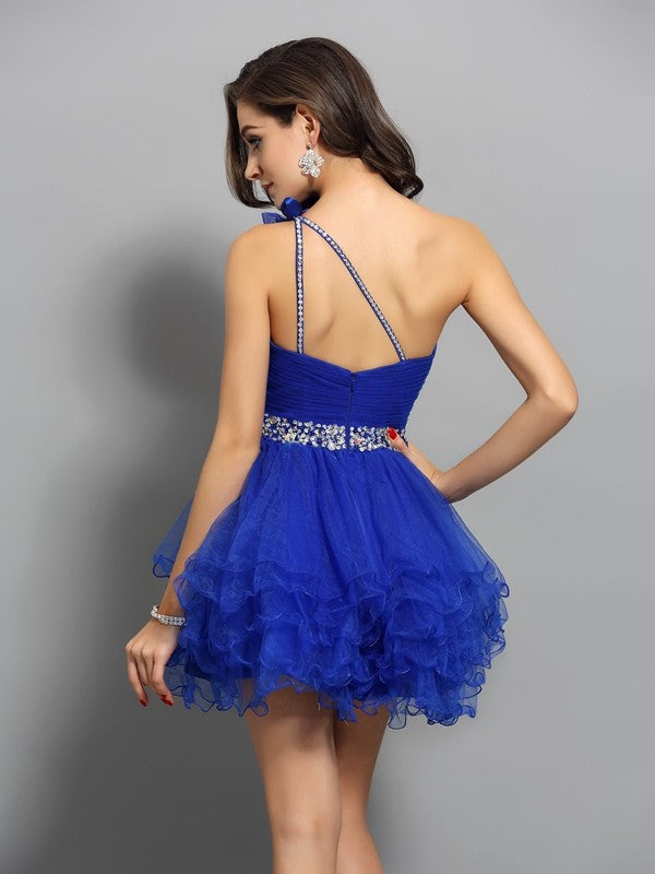 A-Line/Princess One-Shoulder Cocktail Homecoming Dresses Quinn Beading Sleeveless Short Organza Dresses