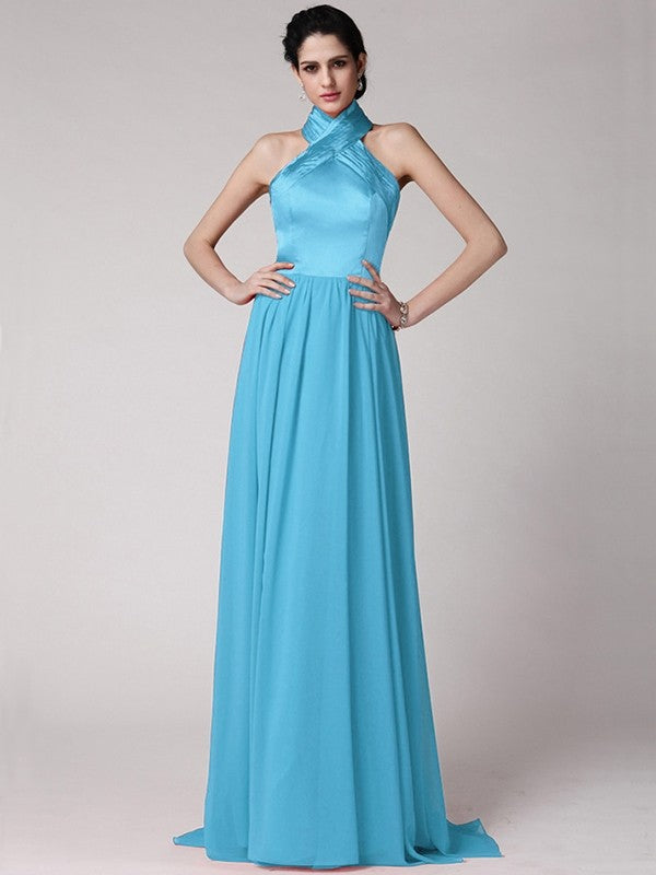 Sheath/Column Halter Sleeveless Pleats Long Elastic Woven Satin Chiffon Bridesmaid Dresses HEP0005653