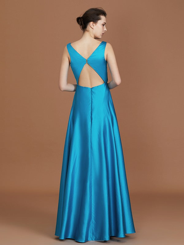 A-Line/Princess V-neck Sleeveless Floor-Length Ruffles Satin Bridesmaid Dress HEP0005646