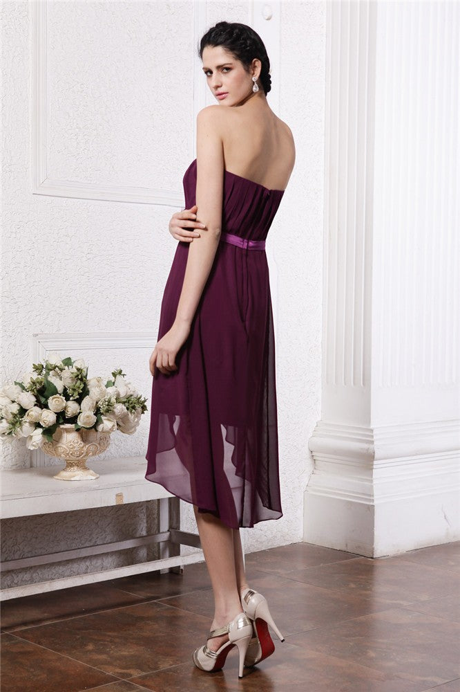 Sheath/Column Homecoming Dresses Cocktail Haylie Chiffon Strapless Sleeveless Sash Pleats High Low Dresses