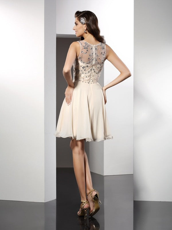 Homecoming Dresses Chiffon Cocktail Carla A-Line/Princess Bateau Beading Sleeveless Short Dresses