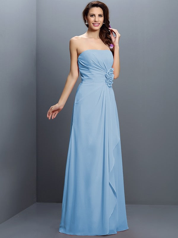 A-Line/Princess Strapless Hand-Made Flower Sleeveless Long Chiffon Bridesmaid Dresses HEP0005617