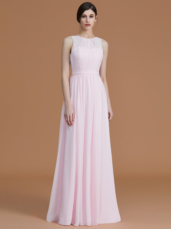 A-Line/Princess Jewel Sleeveless Floor-Length Ruched Chiffon Bridesmaid Dresses HEP0005645