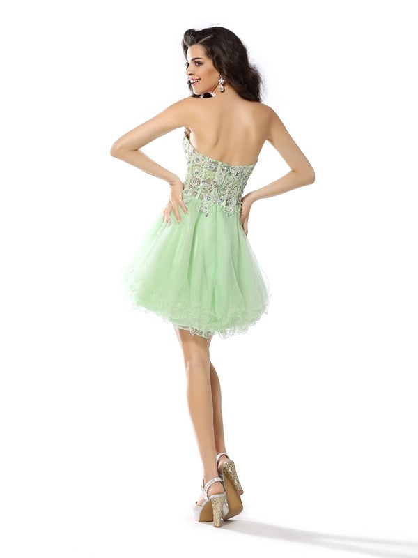 A-Line/Princess Homecoming Dresses Cocktail Satin Rosalyn Sweetheart Ruffles Sleeveless Short Dresses