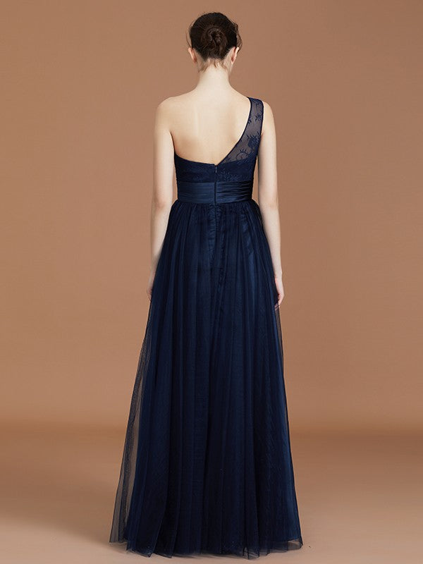 A-line/Princess One-Shoulder Lace Tulle Sleeveless Floor-Length Bridesmaid Dresses HEP0005736