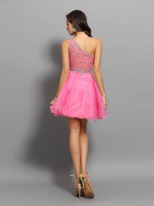 A-Line/Princess One-Shoulder Ruffles Sleeveless Short Organza Dresses Cocktail Homecoming Dresses Haylie