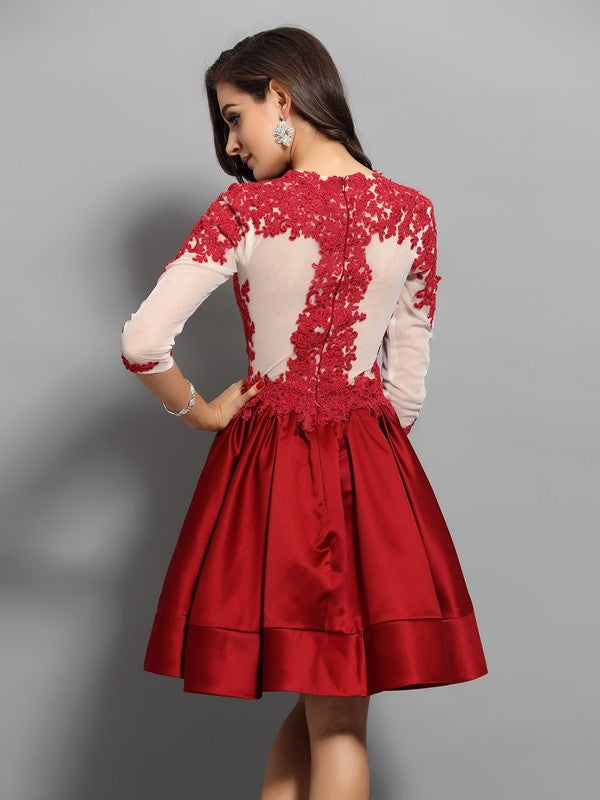 A-Line/Princess High Neck Homecoming Dresses Cocktail Satin Kiersten Applique 1/2 Sleeves Short Dresses