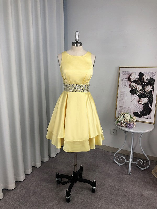 A-Line/Princess Satin Beading Scoop Sleeveless Short/Mini Homecoming Dresses HEP0004779