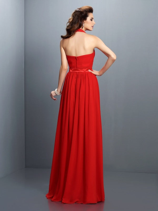 A-Line/Princess Halter Pleats Sleeveless Long Chiffon Bridesmaid Dresses HEP0005733