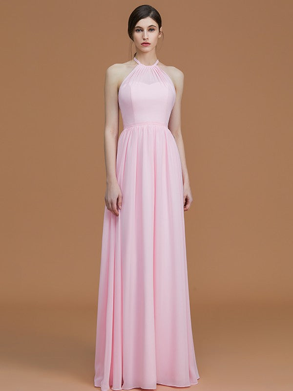 A-Line/Princess Halter Sleeveless Floor-Length Ruched Chiffon Bridesmaid Dresses HEP0005663