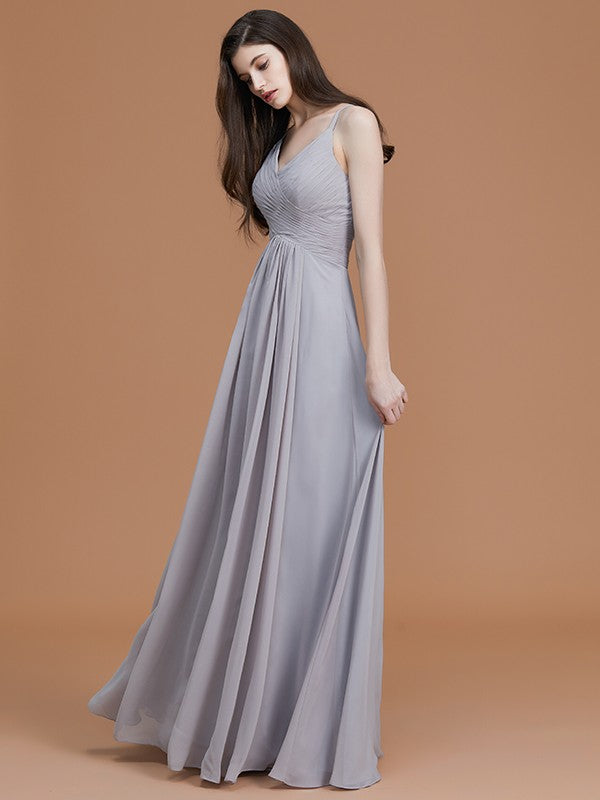 A-Line/Princess Spaghetti Straps Sleeveless Floor-Length Ruched Chiffon Bridesmaid Dresses HEP0005655