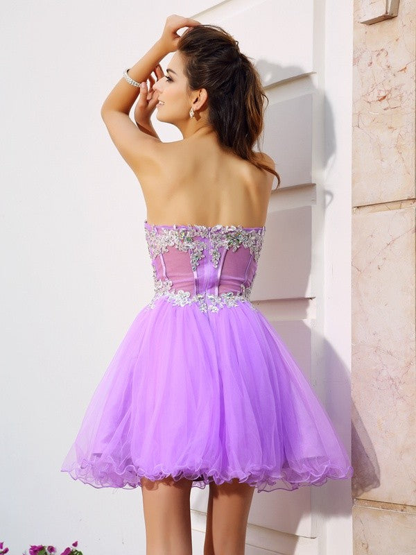 A-Line/Princess Sweetheart Beading Applique Sleeveless Cocktail Homecoming Dresses Harriet Short Organza Dresses