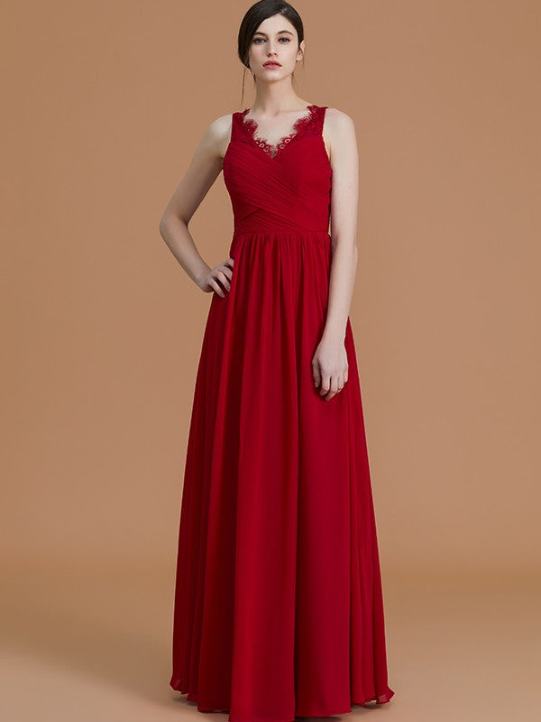 A-Line/Princess V-neck Sleeveless Floor-Length Ruffles Chiffon Bridesmaid Dresses HEP0005697