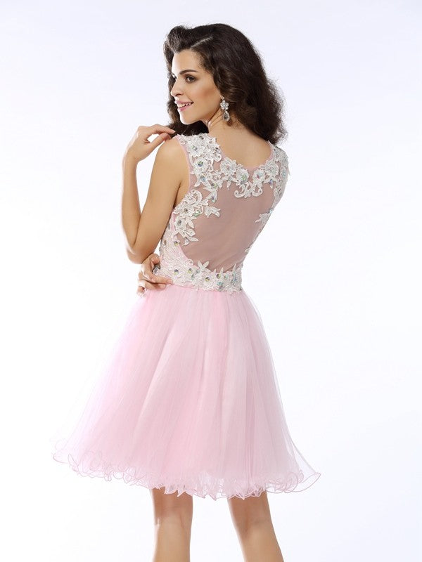 Jade Homecoming Dresses Cocktail Satin A-Line/Princess Sweetheart Applique Sleeveless Short Dresses