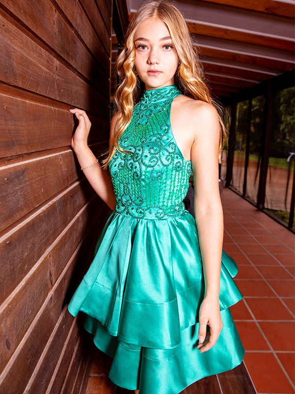 A-Line/Princess Satin Sleeveless Beading Jewel Short/Mini Homecoming Dresses HEP0004771