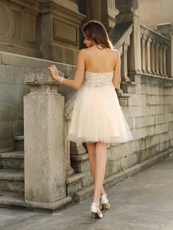 A-Line/Princess Cocktail Kennedi Satin Homecoming Dresses Strapless Beading Sleeveless Short Dresses