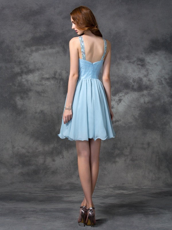 A-Line/Princess Scoop Beading Sleeveless Short Dresses Chiffon Homecoming Dresses Cocktail Laci